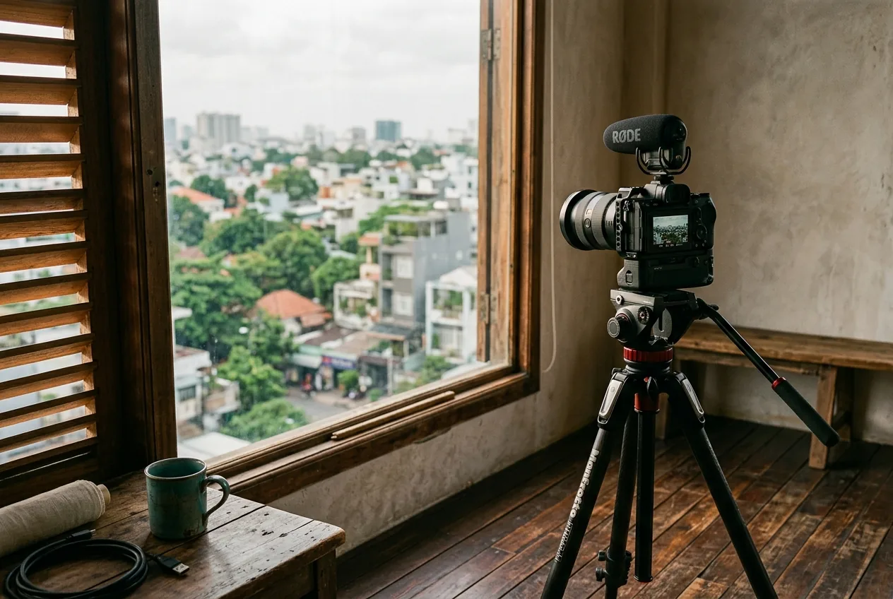 Generated editorial illustration of a camera overlooking a Southeast Asian city