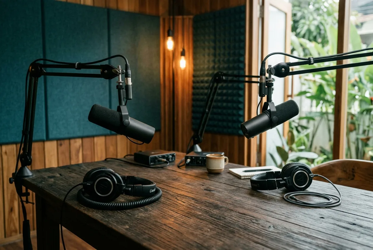 Generated editorial illustration of an independent podcast studio